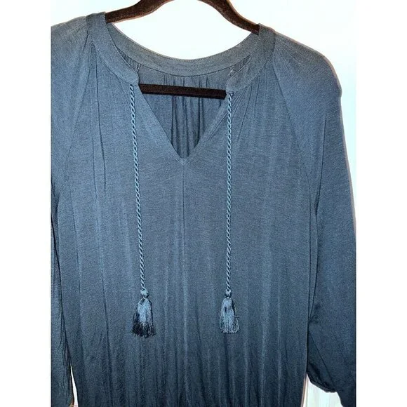 NWT GARNET HI V-neck 3/4 Sleeve Smock Waist Teal Tencell Blend Dress Sz S Boho - Picture 6 of 14